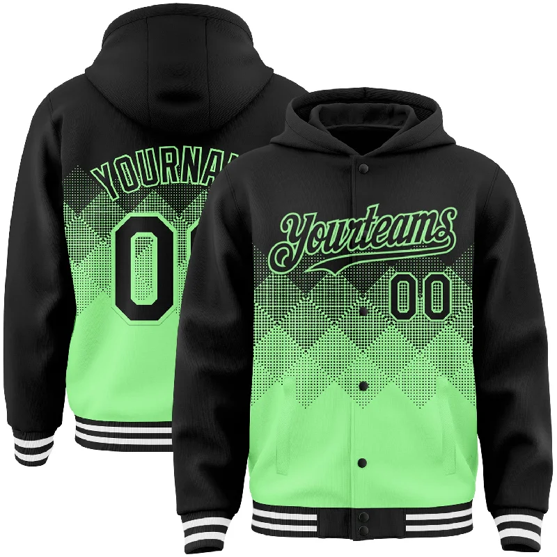 Classic And Timeless Gender-Neutral Fashion Spring Offer Custom Black Pea Green-White Gradient Square Shape 3D Pattern Design Bomber Full-Snap Varsity Letterman Hoodie Jacket