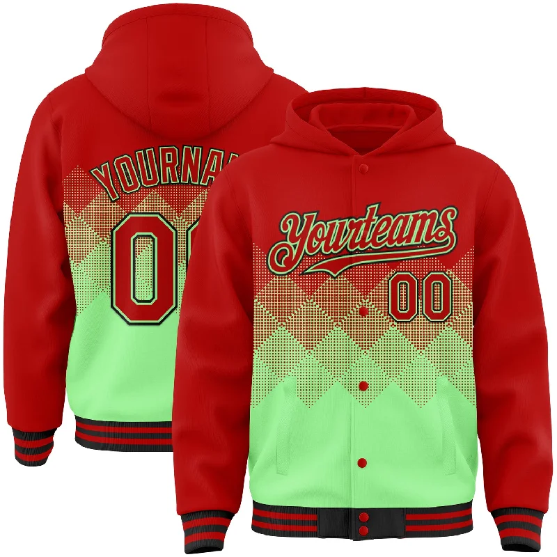 Urban Unisex Fashion Outfits Statement Fashion Offers Custom Red Pea Green-Black Gradient Square Shape 3D Pattern Design Bomber Full-Snap Varsity Letterman Hoodie Jacket