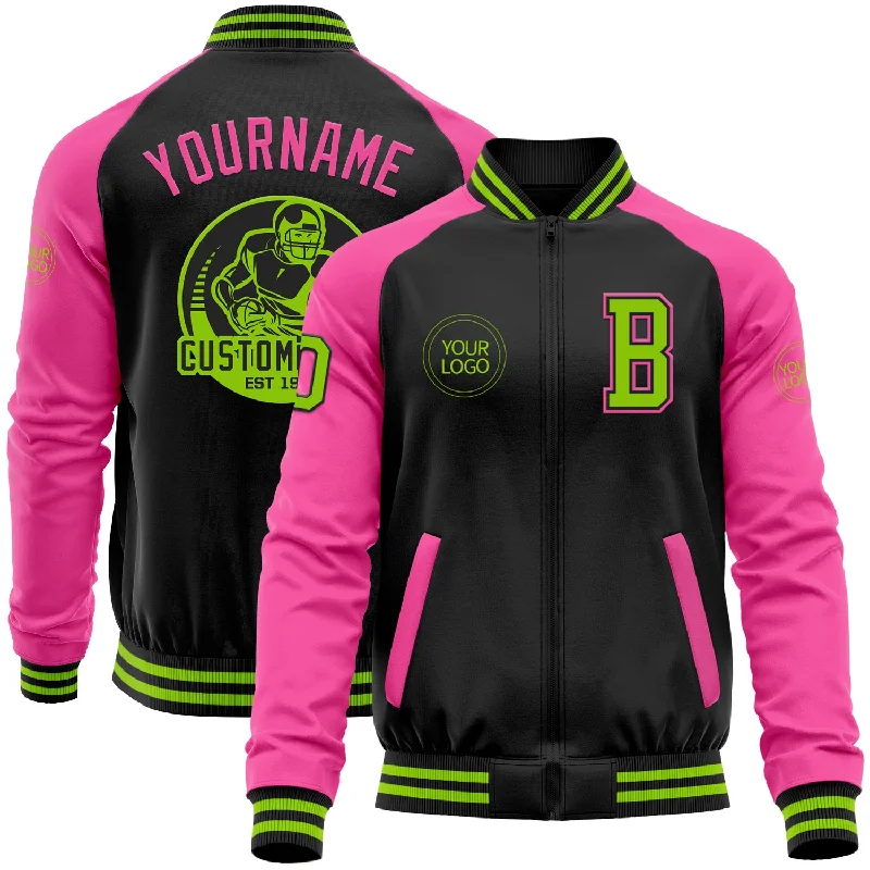 Fashion-Forward Gender-Neutral Outfit Ideas Cool Prices Custom Black Neon Green-Pink Bomber Varsity Letterman Two Tone Zipper Jacket