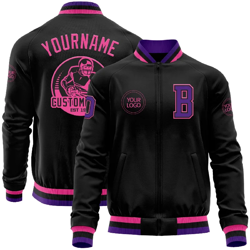 Fashion-Forward Unisex Apparel New In This Season Custom Black Purple-Pink Bomber Varsity Letterman Zipper Jacket Fashion-Forward Unisex Apparel New In This Season Custom Black Purple-Pink Bomber Varsity Letterman Zipper Jacket
