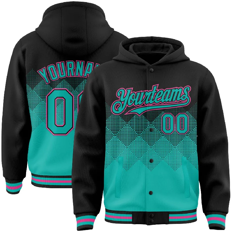 Urban-Inspired Unisex Fashion Pieces Special Offers, Don't Miss Custom Black Aqua-Pink Gradient Square Shape 3D Pattern Design Bomber Full-Snap Varsity Letterman Hoodie Jacket