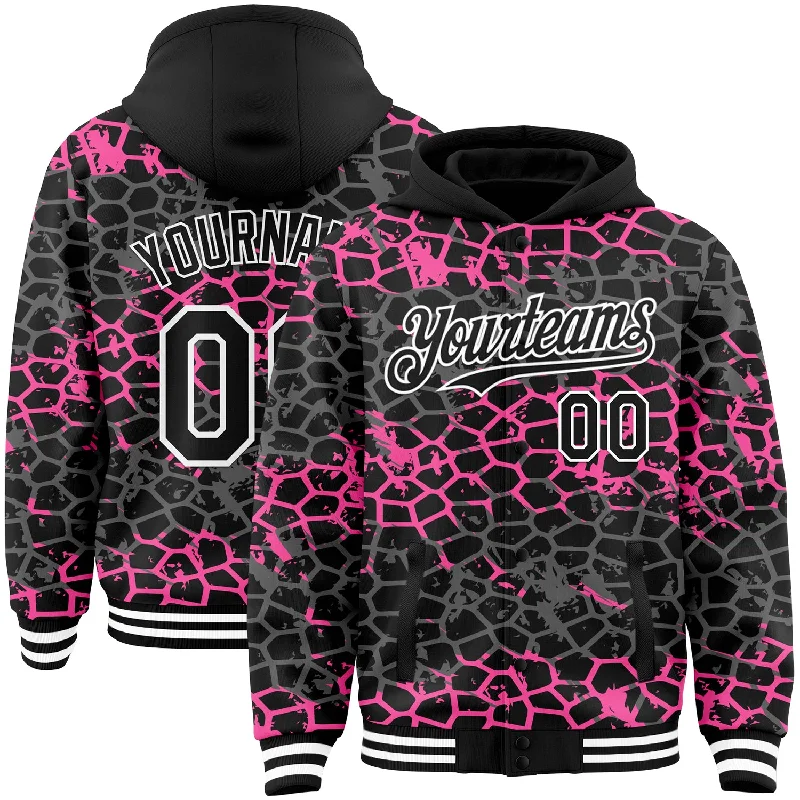 Unisex Everyday Fashion Essentials Flirty Fashion Discounts Custom Black Pink-White Abstract Network 3D Pattern Design Bomber Full-Snap Varsity Letterman Hoodie Jacket