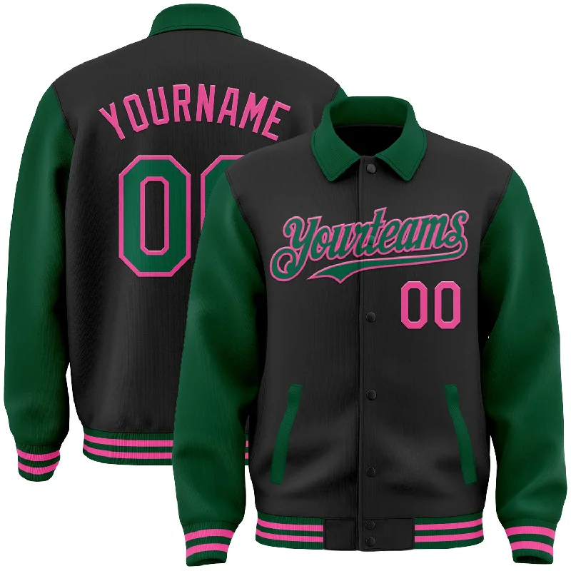 Trendy Unisex New Arrivals Custom Black Kelly Green-Pink Bomber Full-Snap Varsity Letterman Two Tone Lapel Collar Byron Jacket Trendy Unisex New Arrivals Custom Black Kelly Green-Pink Bomber Full-Snap Varsity Letterman Two Tone Lapel Collar Byron Jacket