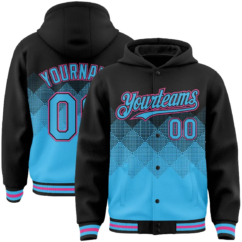 Classic And Timeless Unisex Style Clearance Sale, All Cheap Custom Black Sky Blue-Pink Gradient Square Shape 3D Pattern Design Bomber Full-Snap Varsity Letterman Hoodie Jacket