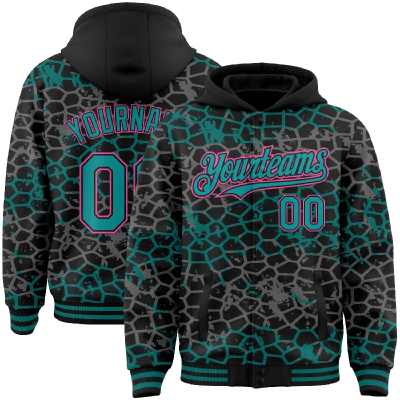 Oversized And Relaxed Unisex Fashion The Good Stuff Custom Black Teal-Pink Abstract Network 3D Pattern Design Bomber Full-Snap Varsity Letterman Hoodie Jacket