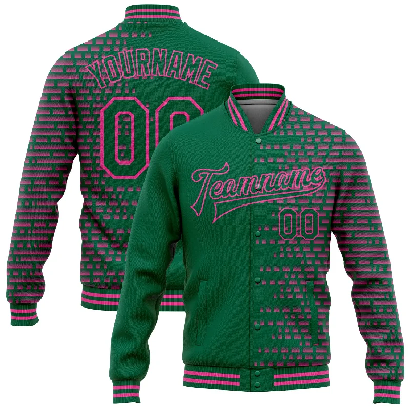 Oversized Unisex Fashion Pieces Chic And Trendy Custom Kelly Green Pink Halftone 3D Pattern Design Bomber Full-Snap Varsity Letterman Jacket