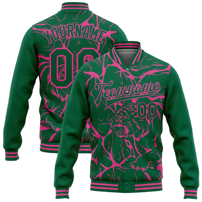 Chic And Contemporary Unisex Clothing Choices Discover Now Custom Kelly Green Pink Abstract Network And Tiger 3D Pattern Design Bomber Full-Snap Varsity Letterman Jacket