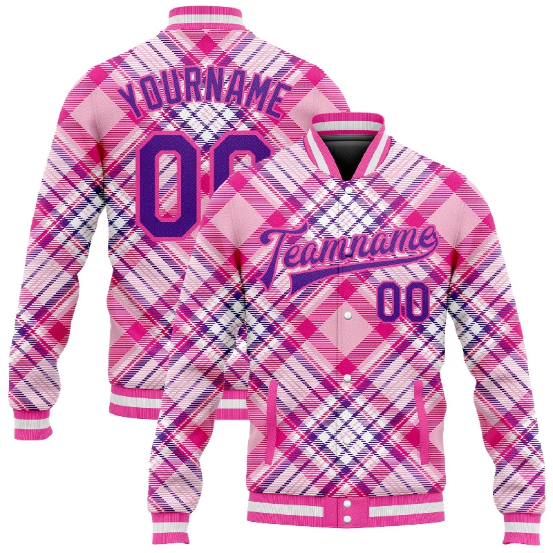 Soft And Breathable Unisex Loungewear Chic Style, Always In Vogue Custom Light Pink Purple-Pink Check Board 3D Pattern Design Bomber Full-Snap Varsity Letterman Jacket