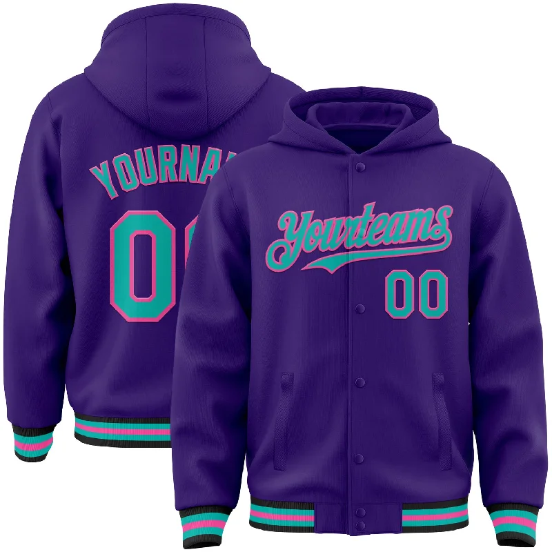 Modern Unisex Clothing For Any Occasion Classic Elegance Sales Custom Purple Aqua Pink-Black Bomber Full-Snap Varsity Letterman Hoodie Jacket