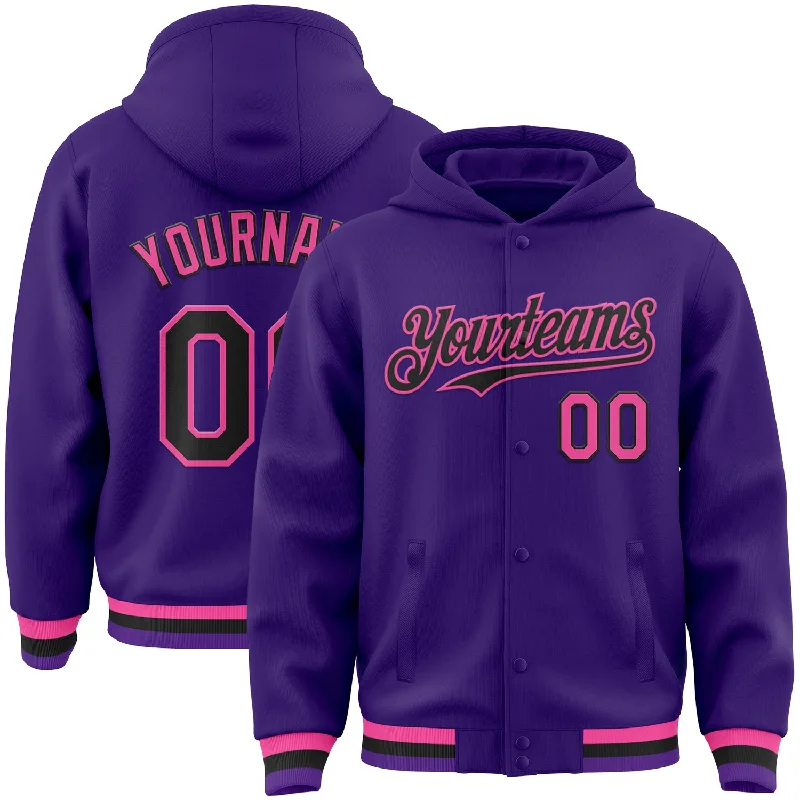 Stylish Unisex Outfit Ideas Street Chic Discounts Custom Purple Black-Pink Bomber Full-Snap Varsity Letterman Hoodie Jacket