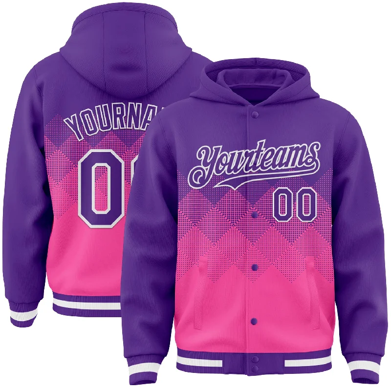 All-Season Unisex Clothing Collection Boutique Styles Custom Purple Pink-White Gradient Square Shape 3D Pattern Design Bomber Full-Snap Varsity Letterman Hoodie Jacket