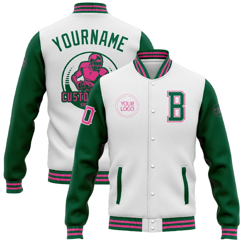 Oversized Unisex Fashion Pieces Swimwear Summer Blowout Custom White Kelly Green-Pink Bomber Full-Snap Varsity Letterman Two Tone Jacket