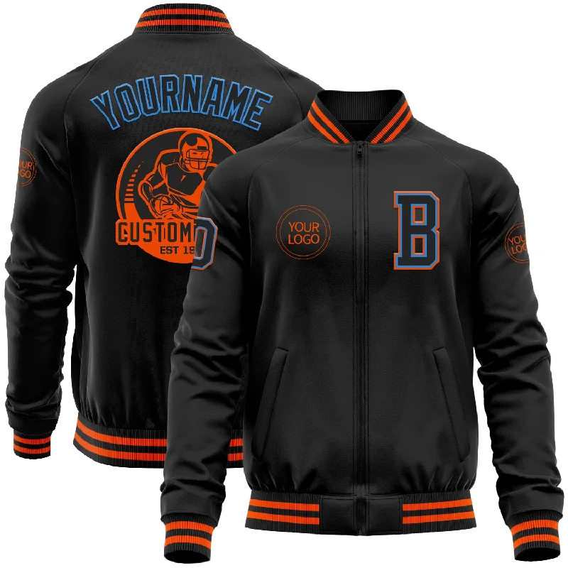 Classic Unisex Fashion Looks Contemporary Casual Deals Custom Black Powder Blue-Orange Bomber Varsity Letterman Zipper Jacket Classic Unisex Fashion Looks Contemporary Casual Deals Custom Black Powder Blue-Orange Bomber Varsity Letterman Zipper Jacket