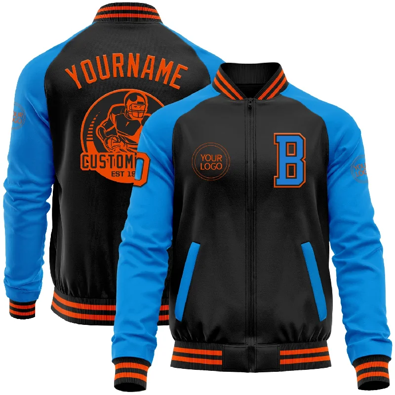 Lightweight And Breathable Unisex Wear Chic & Cozy Collection Custom Black Orange-Powder Blue Bomber Varsity Letterman Two Tone Zipper Jacket