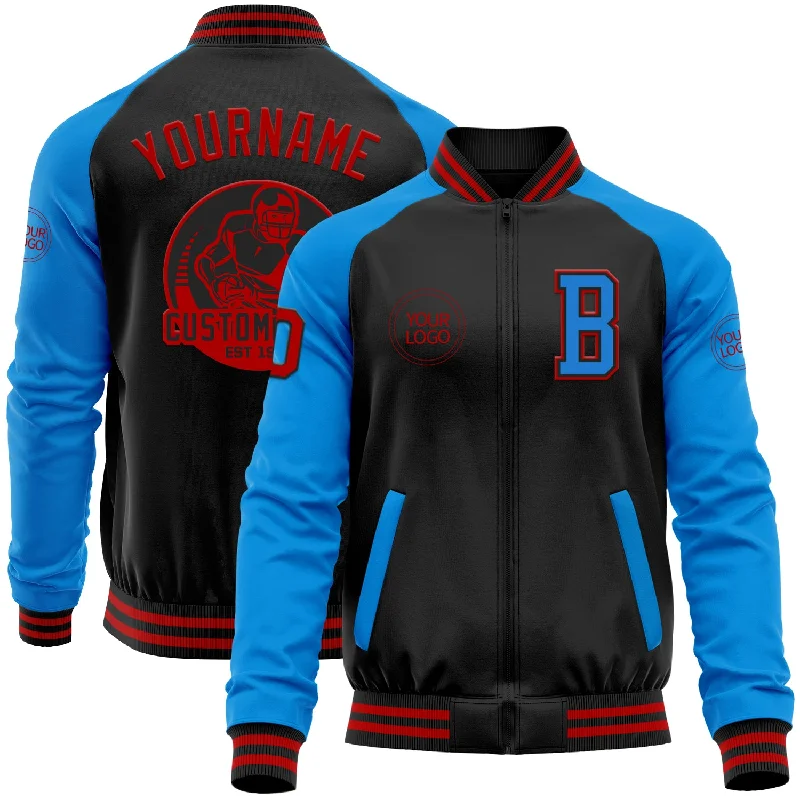 Effortless And Modern Unisex Dressing Timeless Elegance Redefined Custom Black Red-Powder Blue Bomber Varsity Letterman Two Tone Zipper Jacket