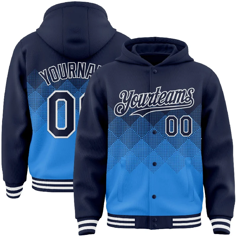 Sustainable And Ethical Unisex Clothing Affordable Luxury Fashion Custom Navy Powder Blue-White Gradient Square Shape 3D Pattern Design Bomber Full-Snap Varsity Letterman Hoodie Jacket