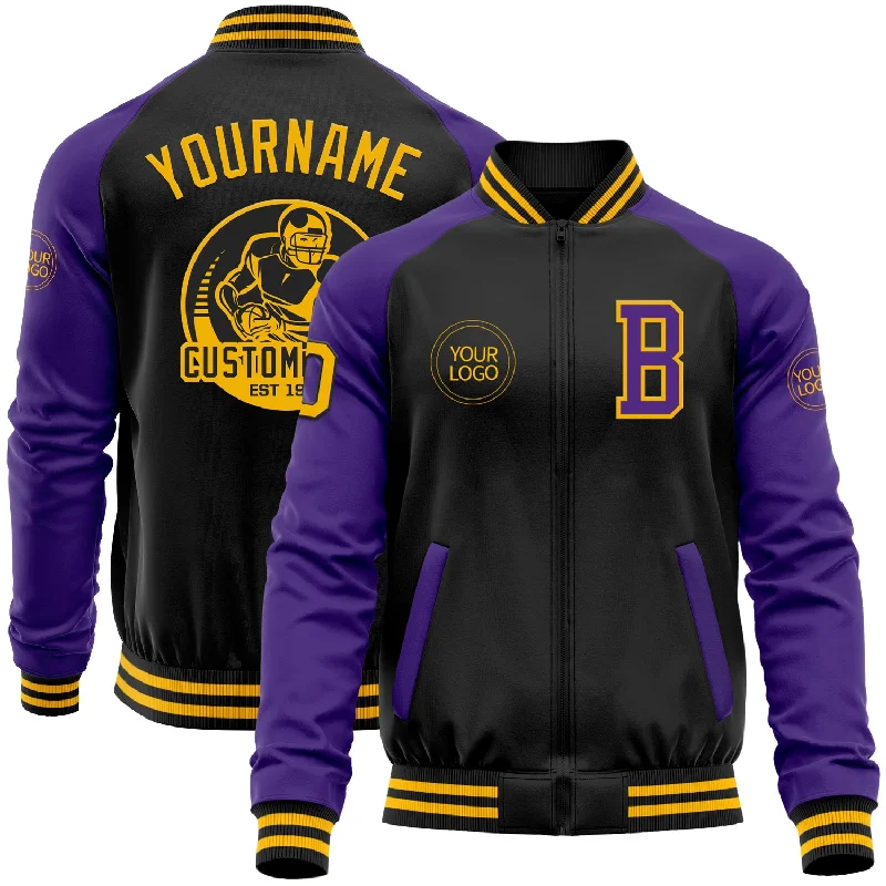 Urban-Inspired Unisex Fashion Trends Ride The Style Wave Custom Black Gold-Purple Bomber Varsity Letterman Two Tone Zipper Jacket