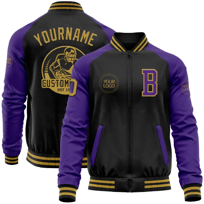 Sleek And Comfortable Unisex Wear New Season Fashion Preview Custom Black Old Gold-Purple Bomber Varsity Letterman Two Tone Zipper Jacket