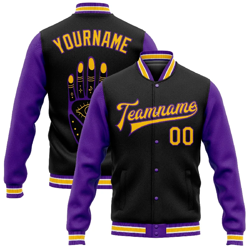 Oversized And Relaxed Unisex Fashion Exclusive Sale Custom Black Gold-Purple Evil Eyes 3D Pattern Design Bomber Full-Snap Varsity Letterman Jacket