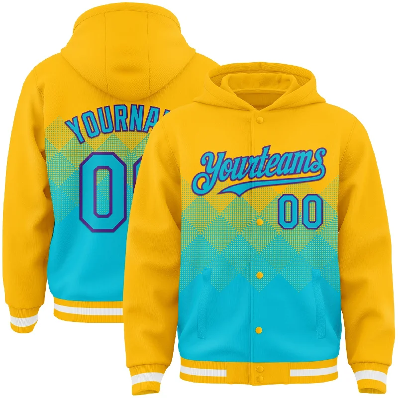 Fashion-Forward Unisex Apparel Playful Fashion Offers Custom Gold Lakes Blue-Purple Gradient Square Shape 3D Pattern Design Bomber Full-Snap Varsity Letterman Hoodie Jacket