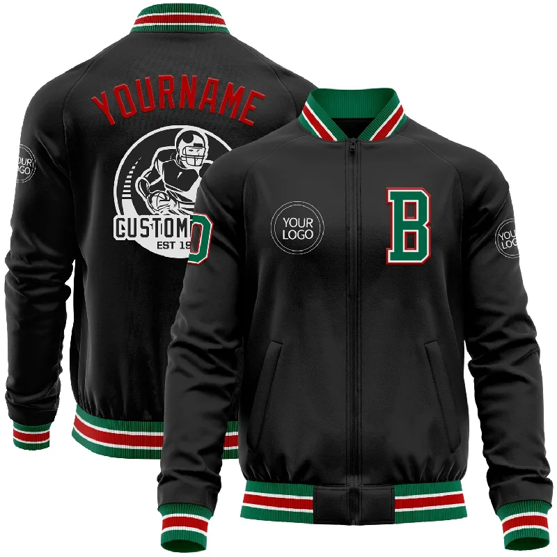 Functional And Stylish Unisex Outerwear Elevated Casual Discounts Custom Black Kelly Green-Red Bomber Varsity Letterman Zipper Jacket Functional And Stylish Unisex Outerwear Elevated Casual Discounts Custom Black Kelly Green-Red Bomber Varsity Letterman Zipper Jacket