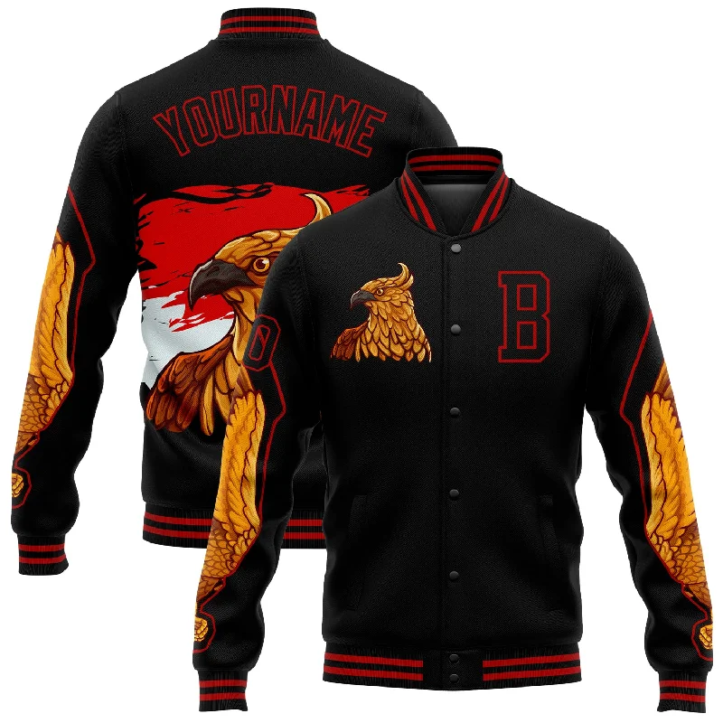 Chic And Contemporary Unisex Clothing Choices Popular Collection Custom Black Red Bangkok Rooster 3D Pattern Design Bomber Full-Snap Varsity Letterman Jacket