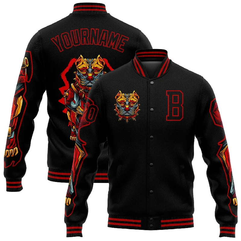 Sustainable And Ethical Unisex Clothing Contemporary Casual Deals Custom Black Red Dog 3D Pattern Design Bomber Full-Snap Varsity Letterman Jacket