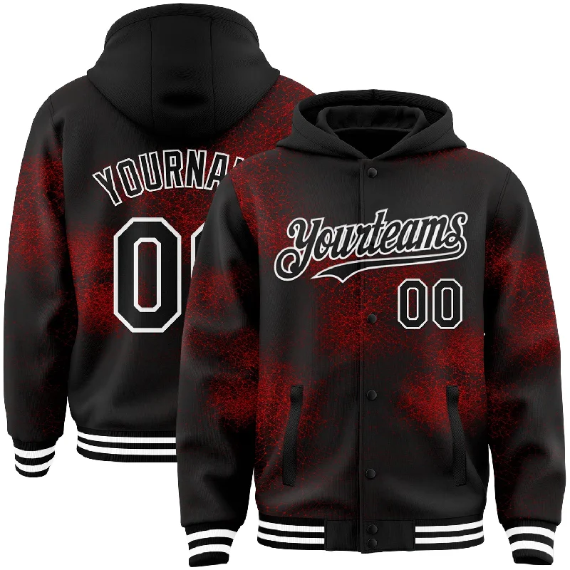 Casual Yet Sophisticated Unisex Fashion Chic Style, Always In Vogue Custom Black Red-White Abstract Network 3D Pattern Design Bomber Full-Snap Varsity Letterman Hoodie Jacket