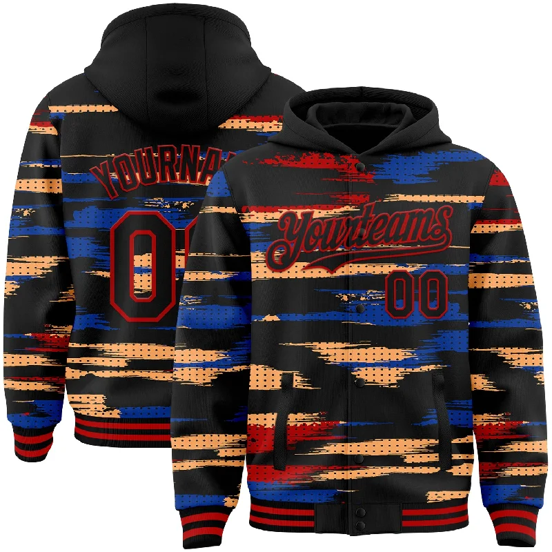 Casual And Trendy Unisex Fashion Staples Fashion Frontiers Custom Black Red Royal-Yellow Abstract Color Blocks 3D Pattern Design Bomber Full-Snap Varsity Letterman Hoodie Jacket