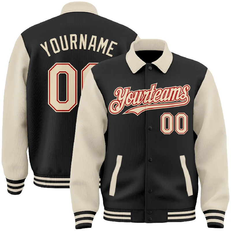 Oversized Unisex Apparel For Effortless Style Budget Friendly Custom Black Cream-Red Bomber Full-Snap Varsity Letterman Two Tone Lapel Collar Byron Jacket Oversized Unisex Apparel For Effortless Style Budget Friendly Custom Black Cream-Red Bomber Full-Snap Varsity Letterman Two Tone Lapel Collar Byron Jacket
