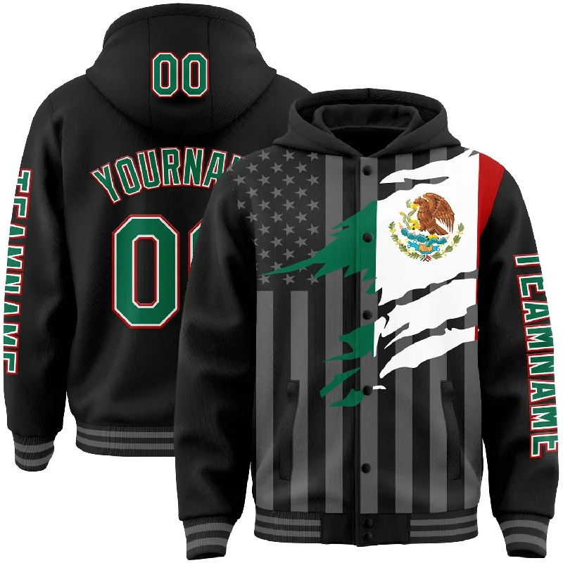 Stylish Unisex Outfit Ideas Exclusive Sale Custom Black Kelly Green Red-Gray Mexico Mexican Flag 3D Bomber Full-Snap Varsity Letterman Hoodie Jacket