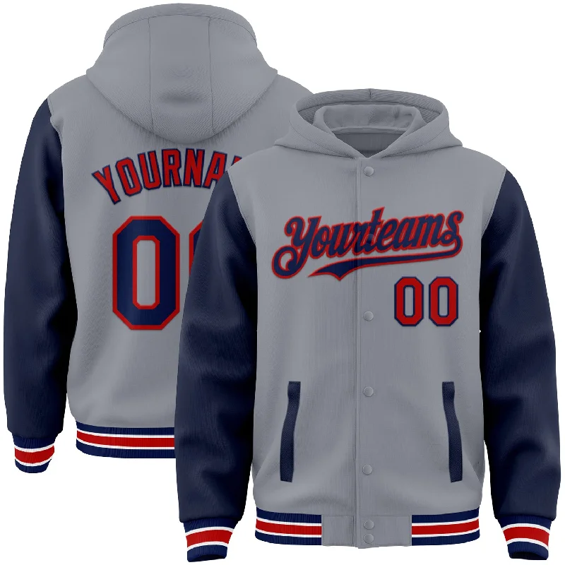 Sleek And Stylish Unisex Outerwear Trend Forward Threads Custom Gray Navy-Red Bomber Full-Snap Varsity Letterman Two Tone Hoodie Jacket