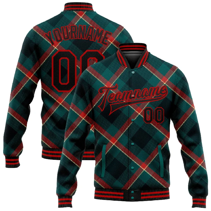 Relaxed-Fit Unisex Fashion For All-Day Comfort Clearance Event Custom Midnight Green Black-Red Check Board 3D Pattern Design Bomber Full-Snap Varsity Letterman Jacket