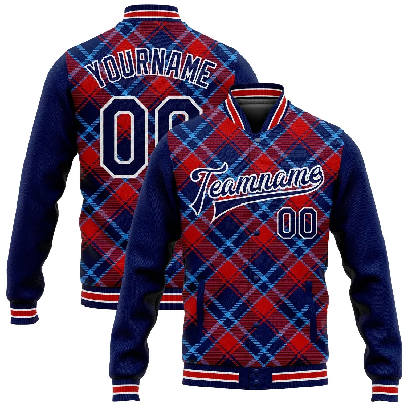 Versatile And Stylish Unisex Apparel Hot Styles Custom Navy Red-Light Blue Check Board 3D Pattern Design Bomber Full-Snap Varsity Letterman Jacket