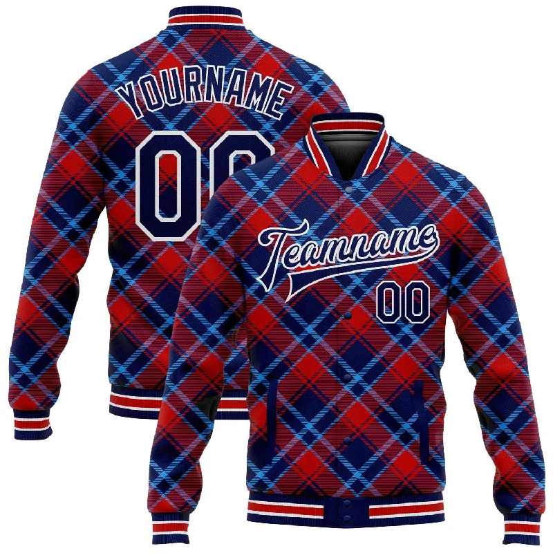 Gender-Neutral Trendy Clothing Styles Seasonal Fashion Custom Navy Red-Light Blue Check Board 3D Pattern Design Bomber Full-Snap Varsity Letterman Jacket