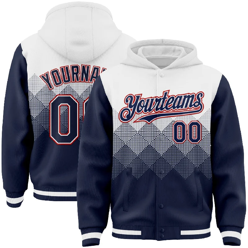 Versatile And Stylish Unisex Apparel Fashionable Comfort Promotions Custom White Navy-Red Gradient Square Shape 3D Pattern Design Bomber Full-Snap Varsity Letterman Hoodie Jacket