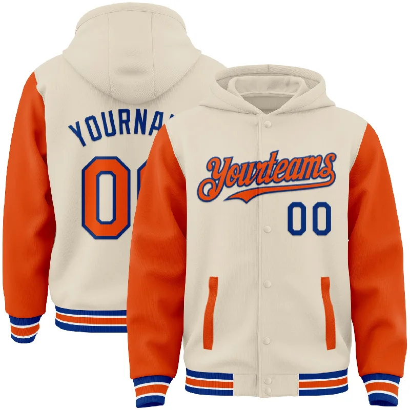 Unisex Casual Wear For All Seasons Style Breakthroughs Custom Cream Orange Royal-White Bomber Full-Snap Varsity Letterman Two Tone Hoodie Jacket