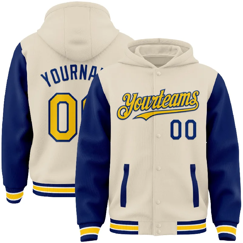 Sustainable And Ethical Unisex Clothing Timeless Elegance Redefined Custom Cream Yellow Royal-White Bomber Full-Snap Varsity Letterman Two Tone Hoodie Jacket