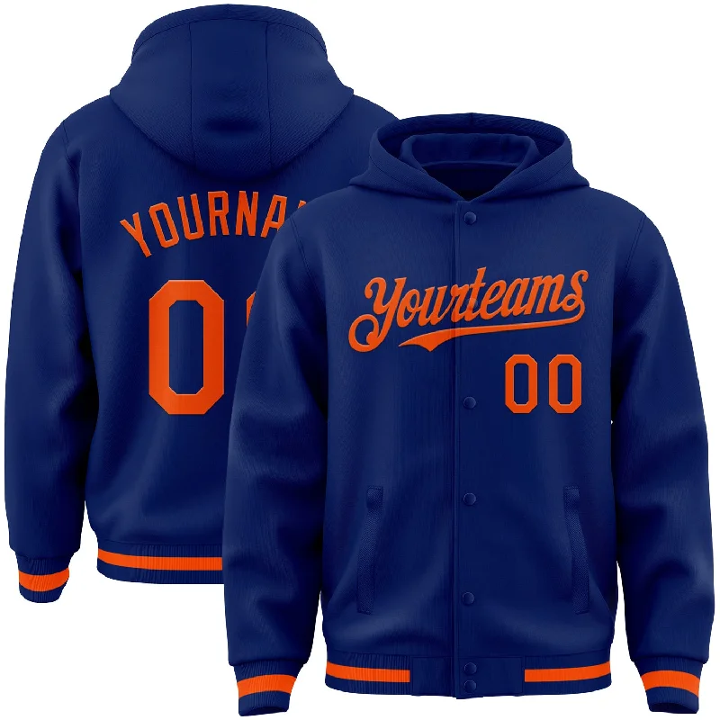Classic Unisex Fashion Looks Fashion Frontiers Custom Royal Orange Bomber Full-Snap Varsity Letterman Hoodie Jacket