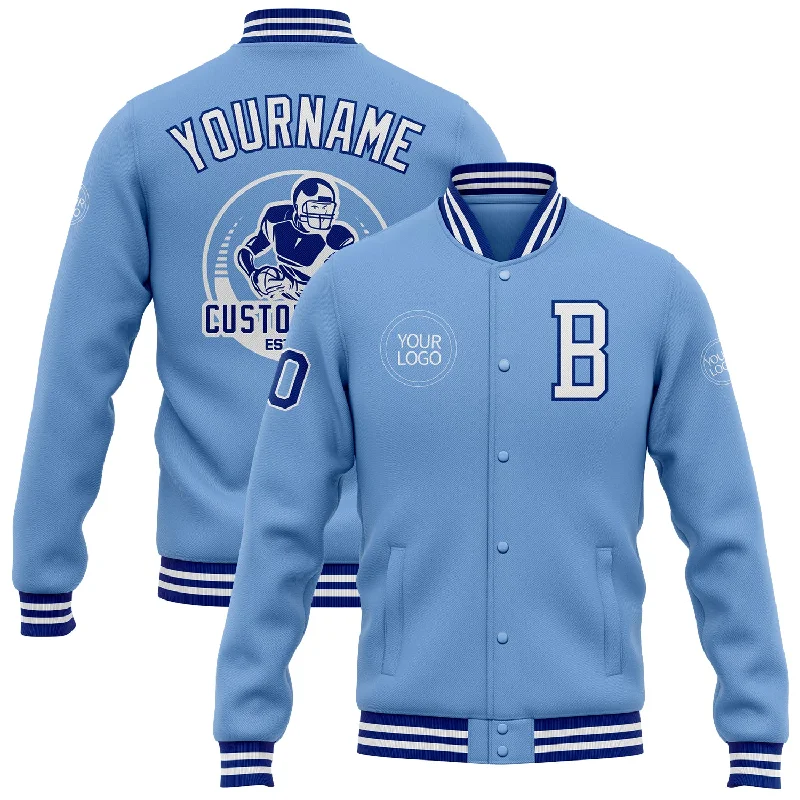 Gender-Neutral Clothing Styles Discount Extravaganza Custom Light Blue White-Royal Bomber Full-Snap Varsity Letterman Jacket