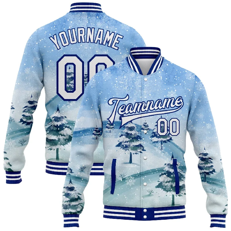 Gender-Neutral Trendy Clothing Styles Athleisure Style Sale Custom Light Blue White-Royal Watercolor Winter Landscape With Snowy Trees 3D Pattern Design Bomber Full-Snap Varsity Letterman Jacket