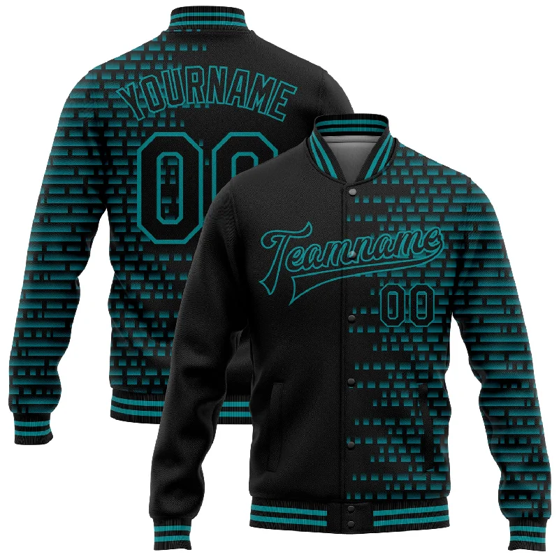 Classic And Timeless Gender-Neutral Fashion Style Breakthroughs Custom Black Teal Halftone 3D Pattern Design Bomber Full-Snap Varsity Letterman Jacket