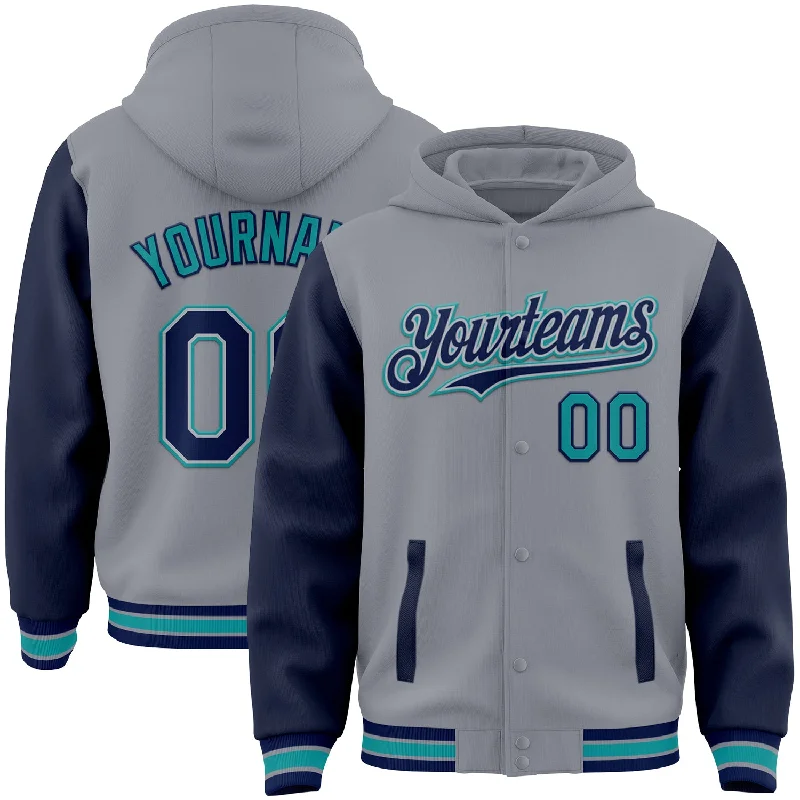 Urban Unisex Fashion Outfits Forward Trendsetter Custom Gray Navy-Teal Bomber Full-Snap Varsity Letterman Two Tone Hoodie Jacket