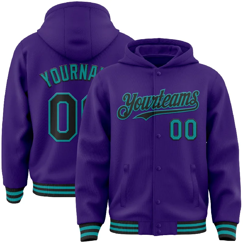 Comfortable Gender-Free Fashion Choices Statement Fashion Offers Custom Purple Black-Teal Bomber Full-Snap Varsity Letterman Hoodie Jacket