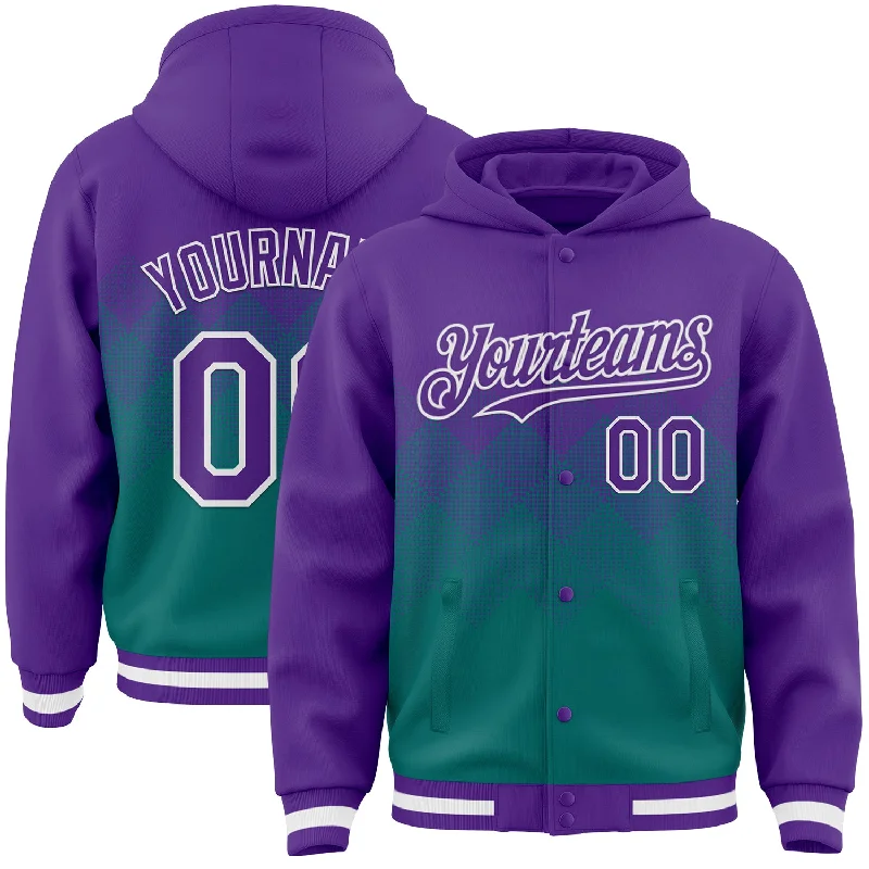 Unisex Casual Fashion Trends Casual Chic Custom Purple Teal-White Gradient Square Shape 3D Pattern Design Bomber Full-Snap Varsity Letterman Hoodie Jacket