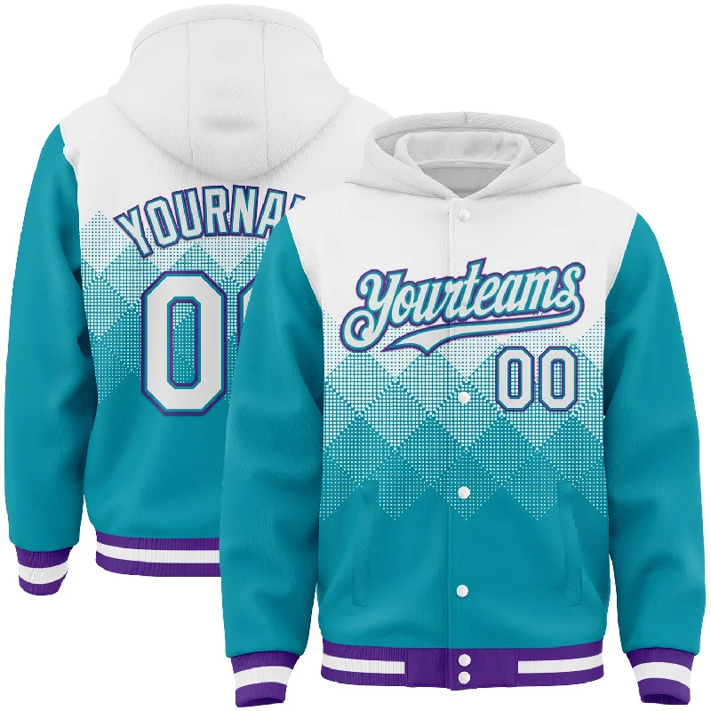 Sleek And Contemporary Gender-Free Outfits Top Brand Discounts Custom White Teal-Purple Gradient Square Shape 3D Pattern Design Bomber Full-Snap Varsity Letterman Hoodie Jacket