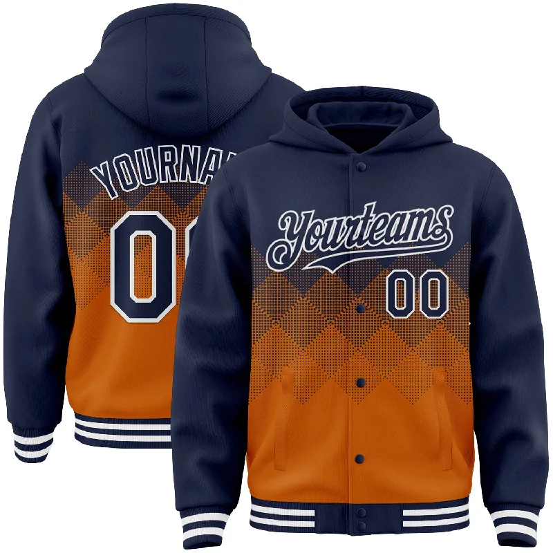 Classic And Timeless Gender-Neutral Fashion Edgy Fashion Deals Custom Navy Texas Orange-White Gradient Square Shape 3D Pattern Design Bomber Full-Snap Varsity Letterman Hoodie Jacket