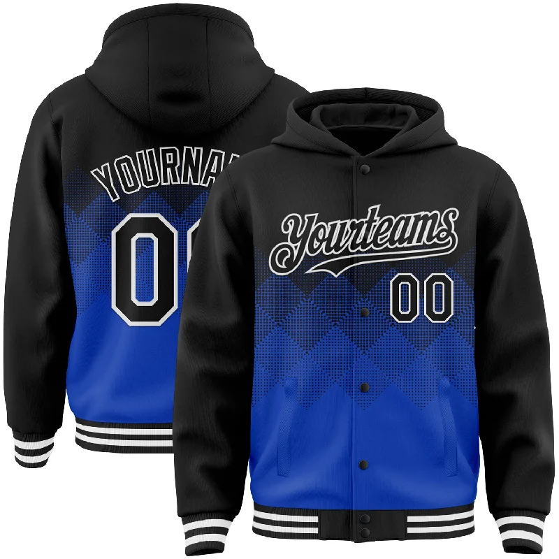 Urban-Inspired Unisex Fashion Trends Unbeatable Deals Custom Black Thunder Blue-White Gradient Square Shape 3D Pattern Design Bomber Full-Snap Varsity Letterman Hoodie Jacket