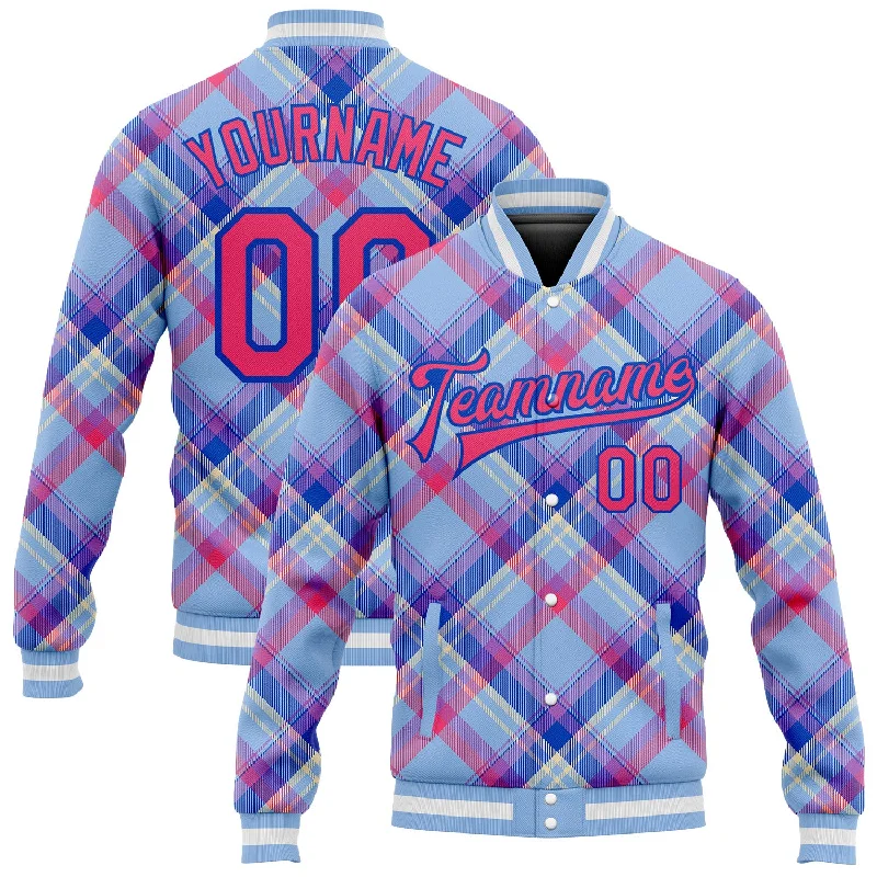 Fashion-Forward Unisex Apparel Trend Leading Collection Custom Light Blue Neon Pink Thunder Blue-Cream Check Board 3D Pattern Design Bomber Full-Snap Varsity Letterman Jacket