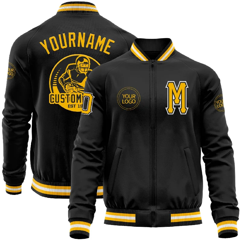 Sleek And Contemporary Gender-Free Outfits Casual Fashion Custom Black Gold-White Bomber Varsity Letterman Zipper Jacket